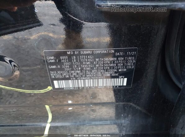 4S4WMAMD7N3409552 2022 SUBARU ASCENT Black ძრავის განყოფილების ხედი