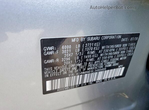 4S4WMAMD9L3480409 2020 SUBARU ASCENT Silver VIN կոդի պիտակի տեսք
