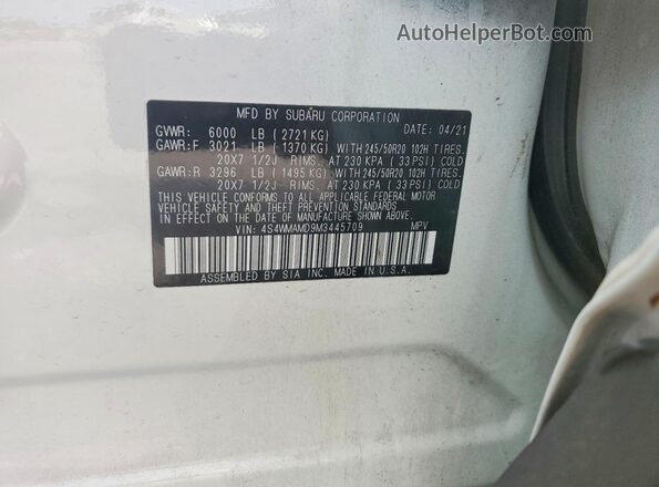 4S4WMAMD9M3445709 2021 SUBARU ASCENT Белый Вид наклейки с VIN-кодом