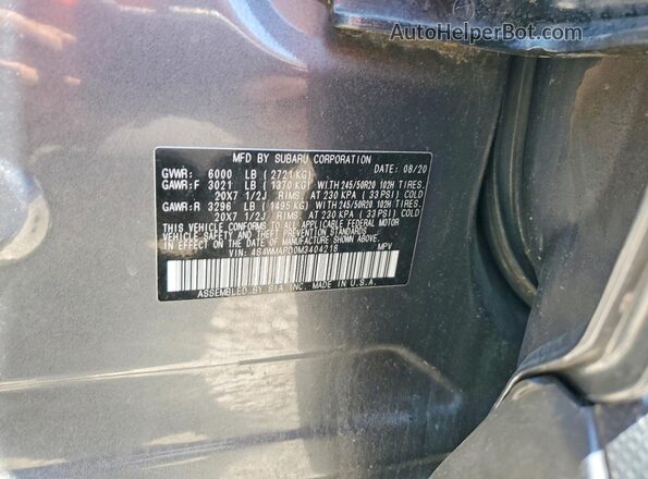 4S4WMAPD0M3404218 2021 SUBARU ASCENT Charcoal Vista de la etiqueta del VIN