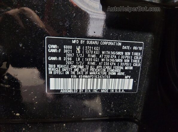 4S4WMAPD1K3424703 2019 SUBARU ASCENT Black VIN კოდის სტიკერის ხედი
