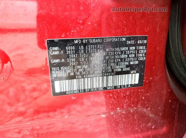 4S4WMAPD1K3468247 2019 SUBARU ASCENT Красный Вид подкапотного пространства