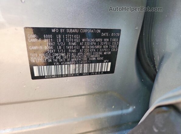 4S4WMAPD1L3450171 2020 SUBARU ASCENT Silver Widok naklejki z numerem VIN