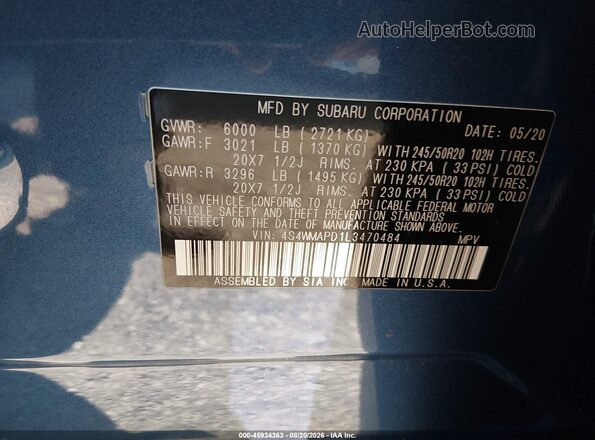 4S4WMAPD1L3470484 2020 SUBARU ASCENT Blue Vista del compartimento del motor