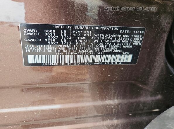 4S4WMAPD2K3441011 2019 SUBARU ASCENT Brown Панорамний вид салону 360°