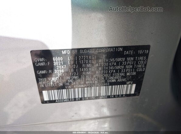 4S4WMAPD2L3425960 2020 SUBARU ASCENT Silver Widok komory silnika