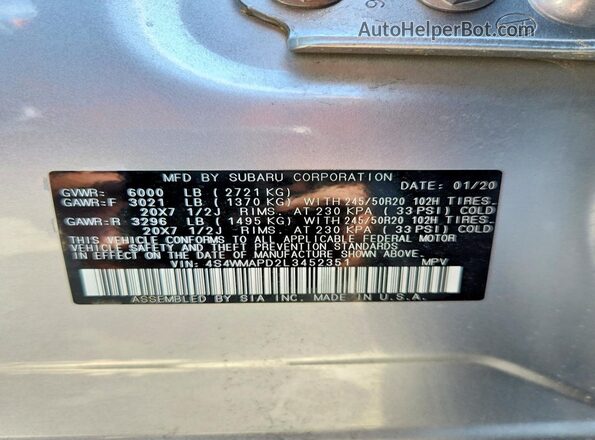 4S4WMAPD2L3452351 2020 SUBARU ASCENT Silver VIN կոդի պիտակի տեսք