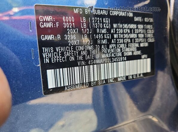 4S4WMAPD2L3455914 2020 SUBARU ASCENT Blue Вид наклейки з VIN-кодом