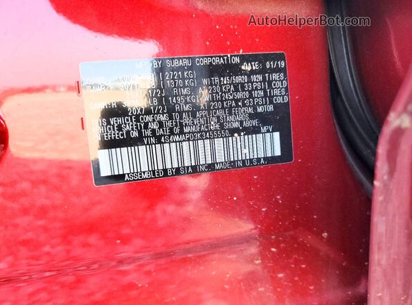 4S4WMAPD3K3455550 2019 SUBARU ASCENT Красный Панорамный вид салона 360°
