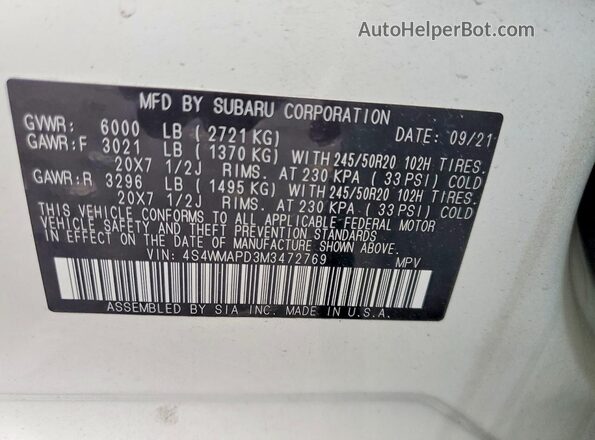 4S4WMAPD3M3472769 2021 SUBARU ASCENT White სალონის 360-გრადუსიანი ხედი