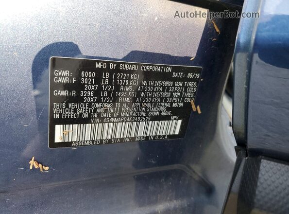 4S4WMAPD4K3482529 2019 SUBARU ASCENT Blue VIN sticker view