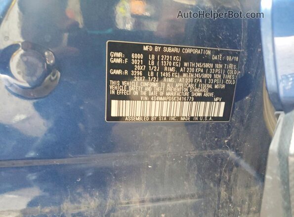 4S4WMAPD5K3416779 2019 SUBARU ASCENT Blue VIN sticker view