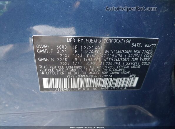 4S4WMAPD5N3443274 2022 SUBARU ASCENT Blue Вид підкапотного простору