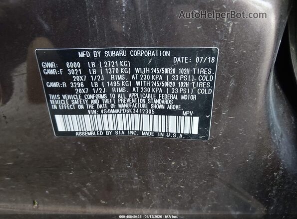 4S4WMAPD6K3412305 2019 SUBARU ASCENT Dark Brown Widok komory silnika