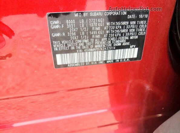 4S4WMAPD7K3432014 2019 SUBARU ASCENT Red VIN կոդի պիտակի տեսք