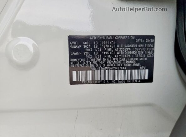 4S4WMAPD7K3487644 2019 SUBARU ASCENT White ძრავის განყოფილების ხედი