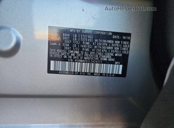 4S4WMAPD7L3424271 2020 SUBARU ASCENT Silver Vista de la etiqueta del VIN