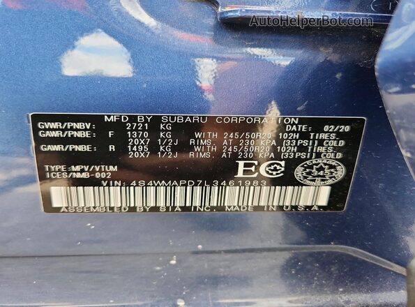 4S4WMAPD7L3461983 2020 SUBARU ASCENT Blue 360 interior view