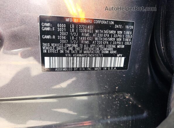 4S4WMAPD7M3416771 2021 SUBARU ASCENT Gray VIN sticker view
