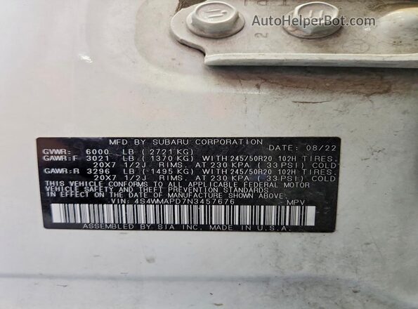 4S4WMAPD7N3457676 2022 SUBARU ASCENT White Панорамний вид салону 360°