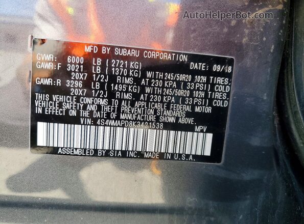 4S4WMAPD8K3421538 2019 SUBARU ASCENT Gray VIN კოდის სტიკერის ხედი