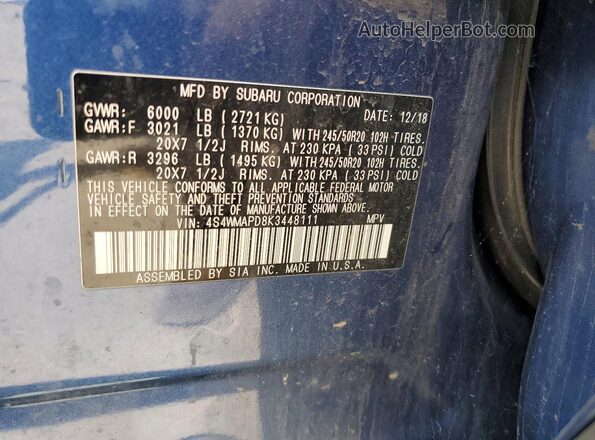 4S4WMAPD8K3448111 2019 SUBARU ASCENT Blue VIN sticker view