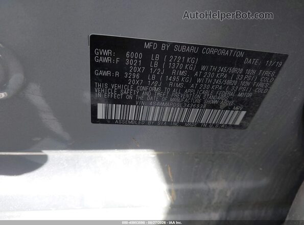 4S4WMAPD9L3436938 2020 SUBARU ASCENT Silver ძრავის განყოფილების ხედი