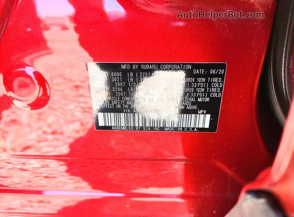 4S4WMAPD9L3476615 2020 SUBARU ASCENT Red VIN կոդի պիտակի տեսք