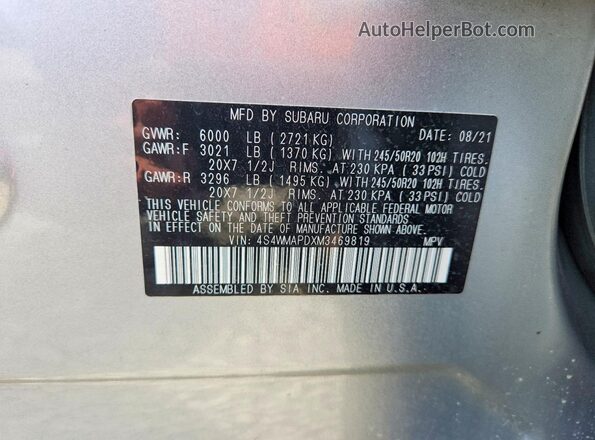 4S4WMAPDXM3469819 2021 SUBARU ASCENT Серебряный Вид наклейки с VIN-кодом
