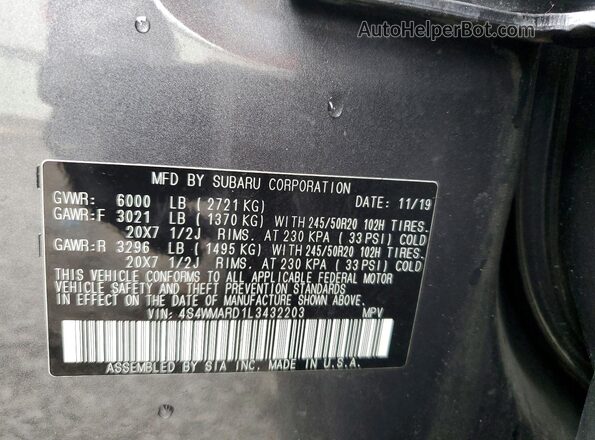 4S4WMARD1L3432203 2020 SUBARU ASCENT Gray Вид наклейки з VIN-кодом