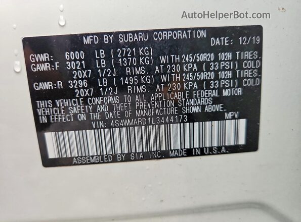 4S4WMARD1L3444173 2020 SUBARU ASCENT White VIN კოდის სტიკერის ხედი