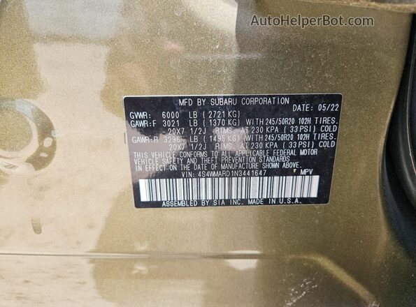4S4WMARD1N3441647 2022 SUBARU ASCENT Green ძრავის განყოფილების ხედი