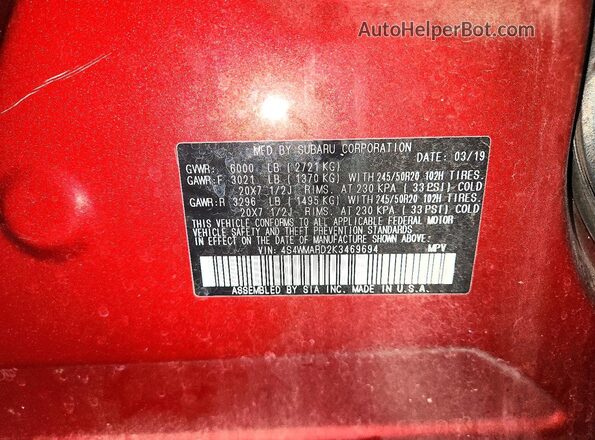 4S4WMARD2K3469694 2019 SUBARU ASCENT Maroon VIN კოდის სტიკერის ხედი