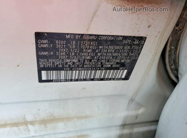 4S4WMARD2K3478198 2019 SUBARU ASCENT White VIN կոդի պիտակի տեսք