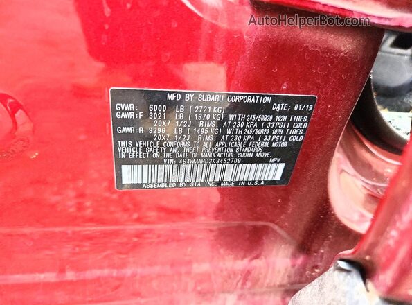 4S4WMARD3K3452709 2019 SUBARU ASCENT Красный Вид наклейки с VIN-кодом