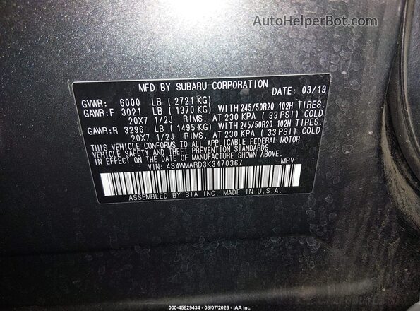 4S4WMARD3K3470367 2019 SUBARU ASCENT Gray Engine compartment view