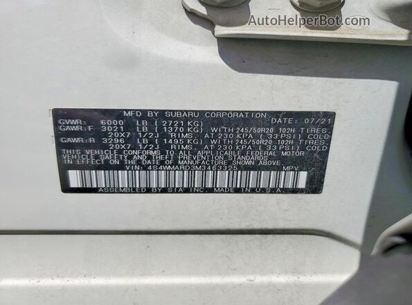 4S4WMARD3M3463325 2021 SUBARU ASCENT Белый Вид наклейки с VIN-кодом