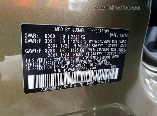 4S4WMARD3R3459606 2024 SUBARU ASCENT Зеленый Вид наклейки с VIN-кодом