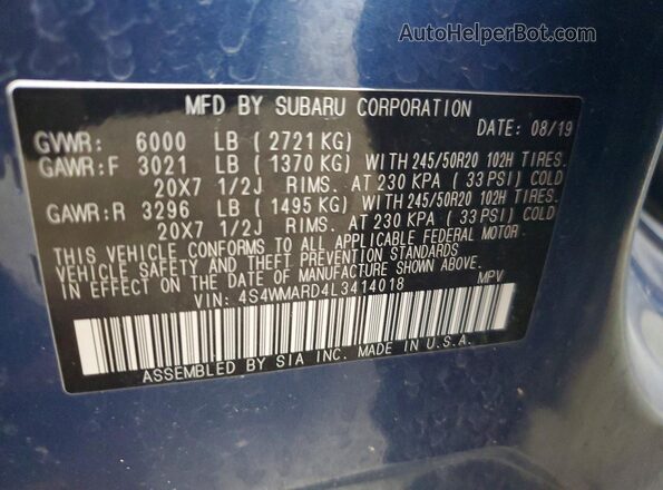 4S4WMARD4L3414018 2020 SUBARU ASCENT Blue 360 interior view