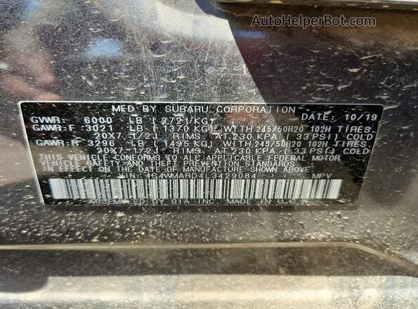 4S4WMARD4L3429084 2020 SUBARU ASCENT Серый Вид наклейки с VIN-кодом