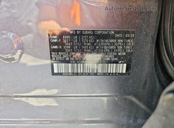 4S4WMARD4L3463879 2020 SUBARU ASCENT Gray VIN sticker view