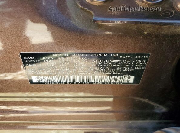 4S4WMARD5K3464716 2019 SUBARU ASCENT Brown VIN sticker view