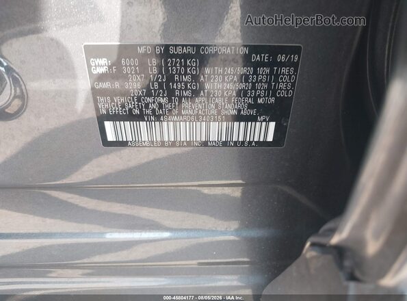 4S4WMARD6L3403151 2020 SUBARU ASCENT Gray Вид підкапотного простору