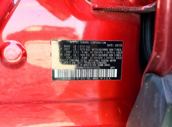 4S4WMARD6N3431731 2022 SUBARU ASCENT Red VIN կոդի պիտակի տեսք