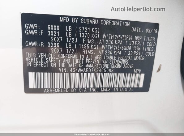 4S4WMARD7K3465088 2019 SUBARU ASCENT Белый Вид подкапотного пространства