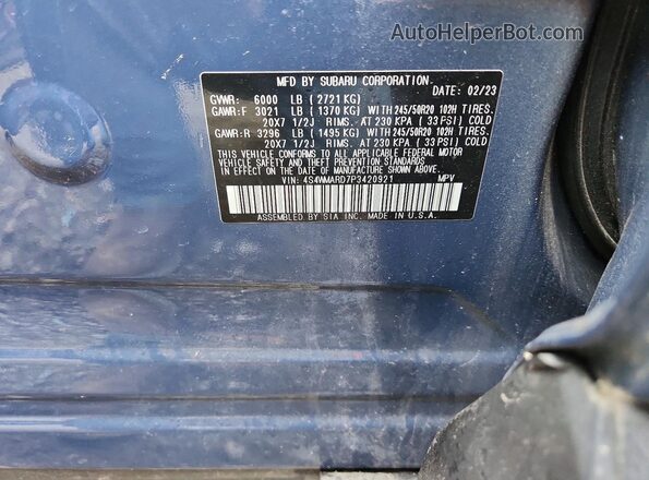 4S4WMARD7P3420921 2023 SUBARU ASCENT Синий Вид наклейки с VIN-кодом