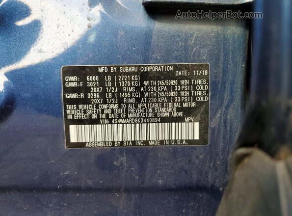 4S4WMARD8K3440894 2019 SUBARU ASCENT Blue Vista de la etiqueta del VIN