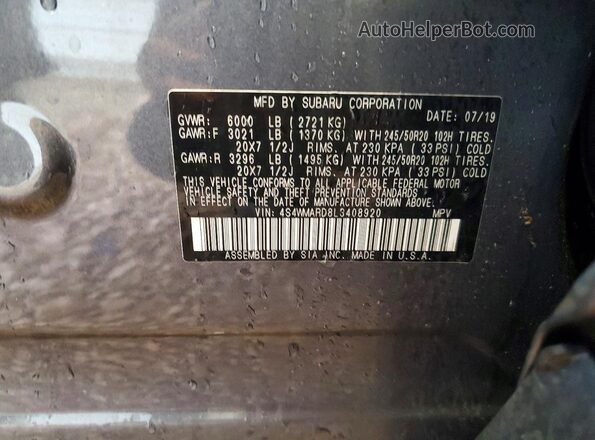 4S4WMARD8L3408920 2020 SUBARU ASCENT Gray Widok naklejki z numerem VIN
