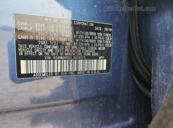 4S4WMARD8L3426575 2020 SUBARU ASCENT Синий Вид подкапотного пространства