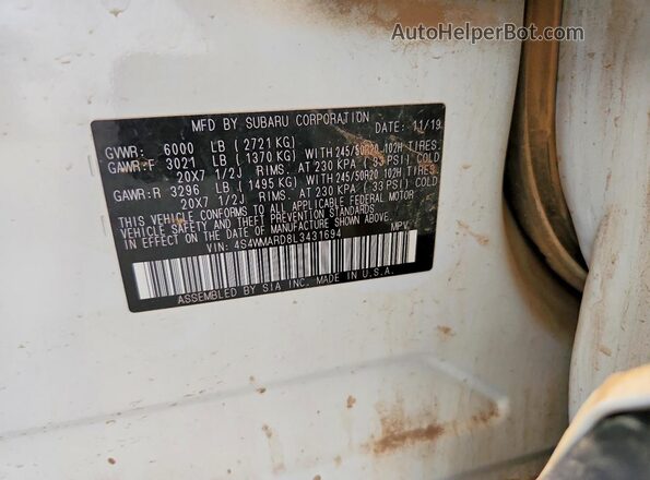 4S4WMARD8L3431694 2020 SUBARU ASCENT White Widok naklejki z numerem VIN